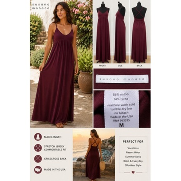 Susana Monaco Dresses & Skirts - Susana Monaco Burgundy Maxi Dress M Criss Cross Back Empire Waist Stretch USA